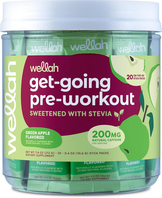 Wellah Green Apple Pre-Workout Stickpacks - 20 Servings, Energy Boost for Exercise