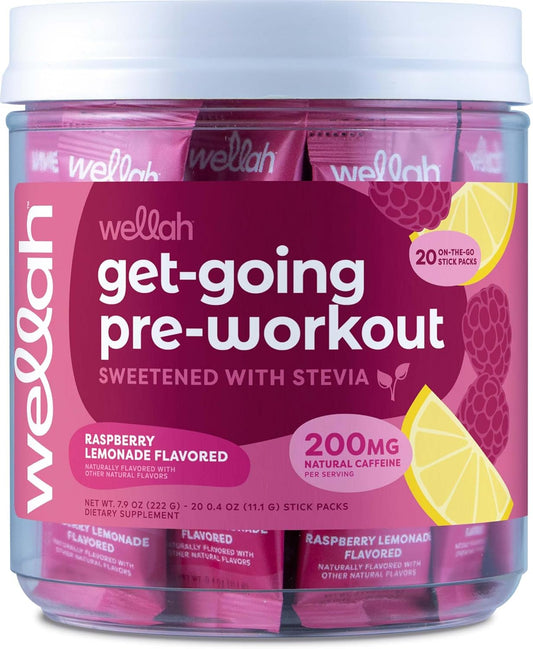 Wellah Raspberry Lemonade Pre-Workout Stickpacks - 20 Servings for Energy Boost & Stamina