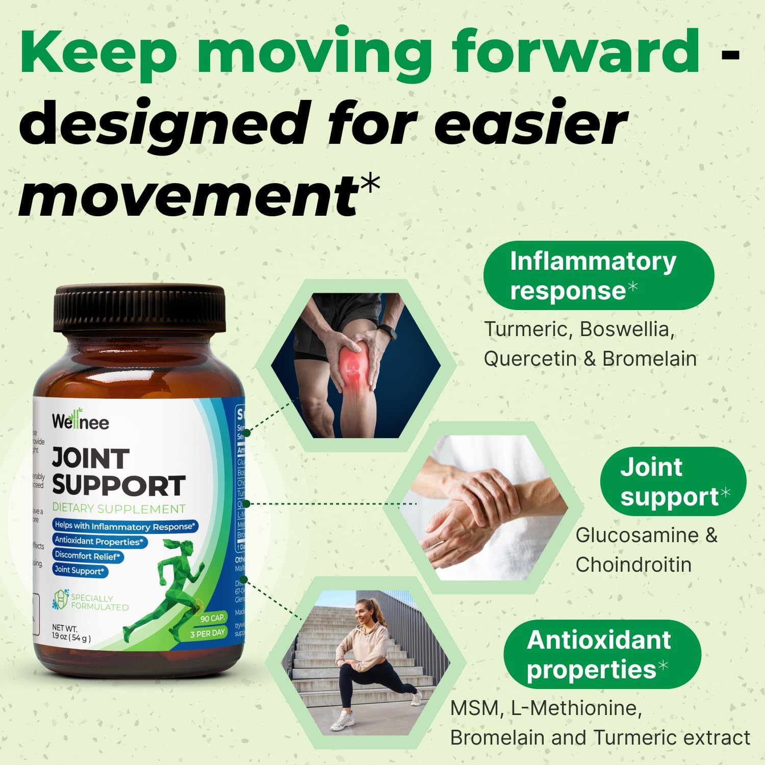 Wellknee Joint Support Supplement with Glucosamine, Chondroitin, MSM, Boswellia & Turmeric - 90 Capsules - Relieves Joint Discomfort & Supports Flexibility - 30 Servings