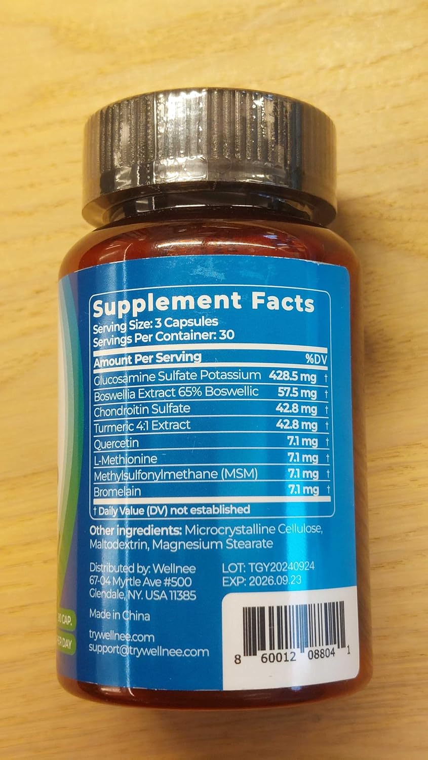 Wellknee Joint Support Supplement with Glucosamine, Chondroitin, MSM, Boswellia & Turmeric - 90 Capsules - Relieves Joint Discomfort & Supports Flexibility - 30 Servings