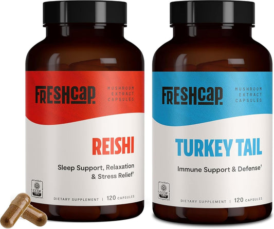 Wellness Duo: Reishi 14,000mg + Turkey Tail 10,000mg Capsules for Longevity, Immune & Digestive Health (120 Count)