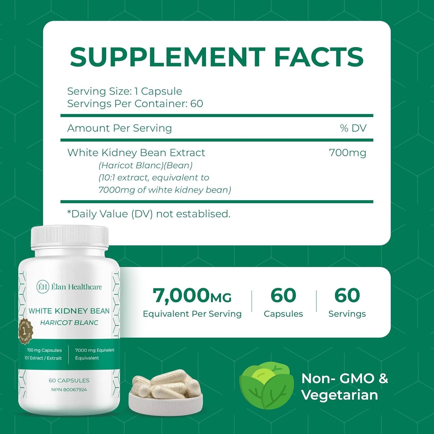 White Kidney Bean Extract Supplement - 60 Capsules with 10:1 Extract 7000mg Equivalent - Non-GMO & Vegetarian
