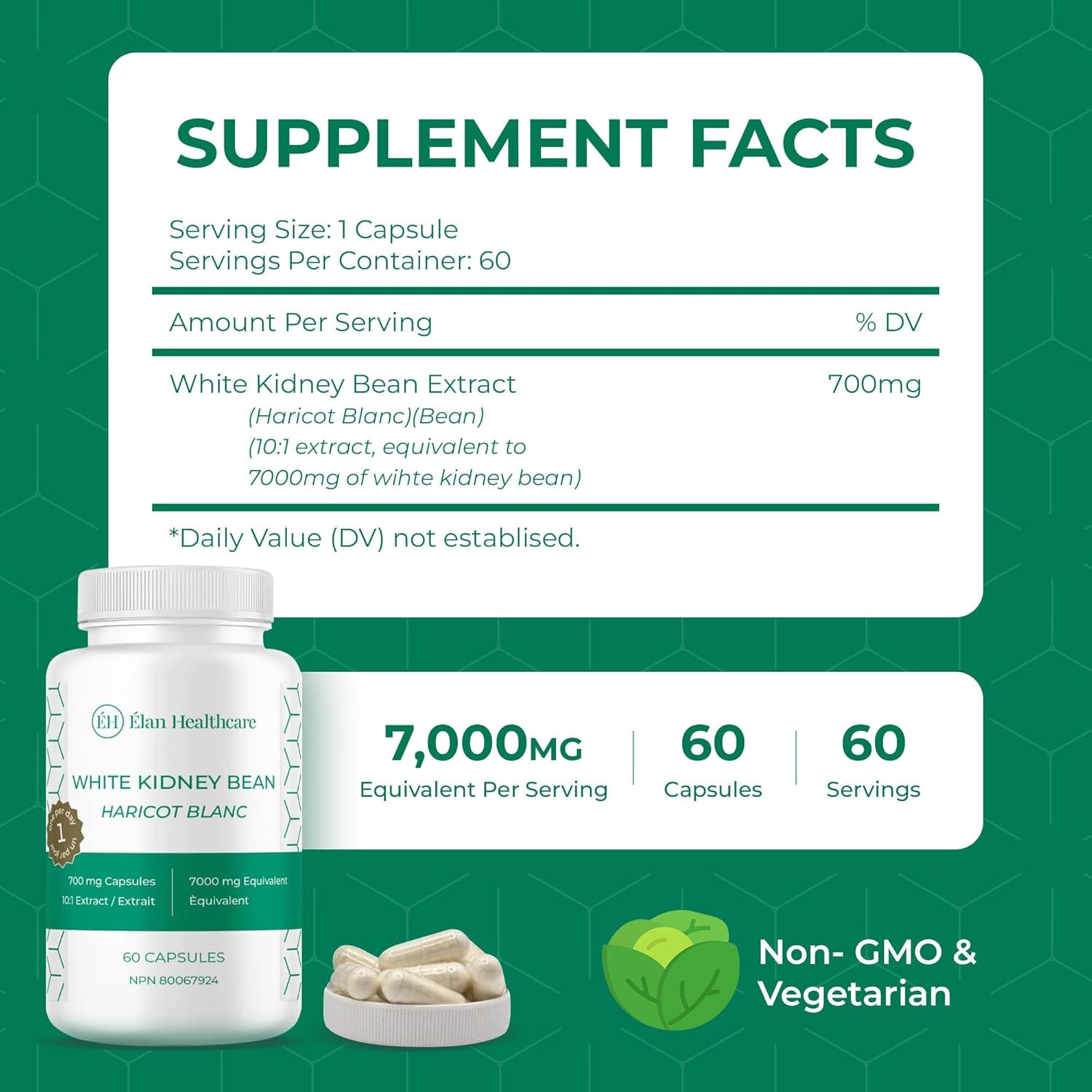 White Kidney Bean Extract Supplement - 60 Capsules with 10:1 Extract 7000mg Equivalent - Non-GMO & Vegetarian