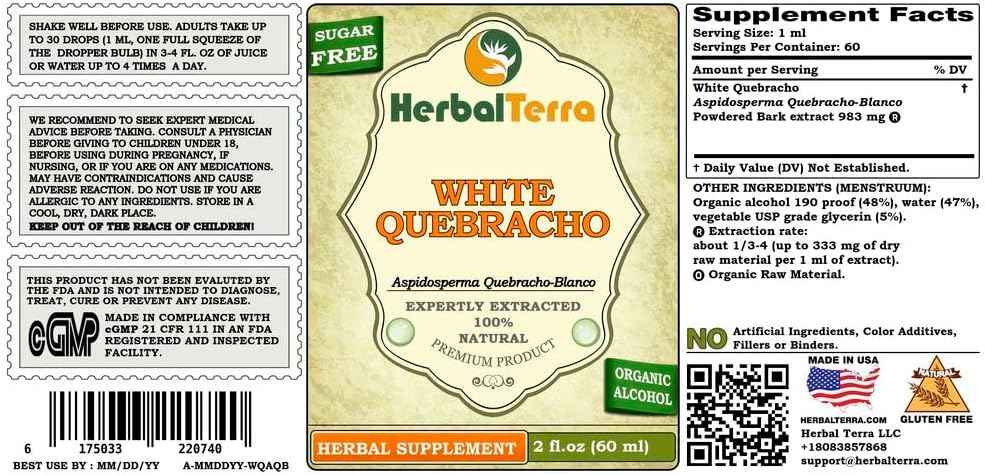 White Quebracho (Aspidosperma Quebracho-Blanco) Tincture, Dried Bark Powder Liquid Extract (Brand Name: HerbalTerra, Proudly Made in USA) 2x2 fl.oz (2x60 ml)