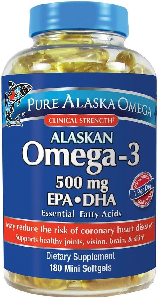 Wild Caught Alaskan Omega-3 Softgels with 500mg EPA+DHA - 180 Mini Softgels, Certified Sustainable