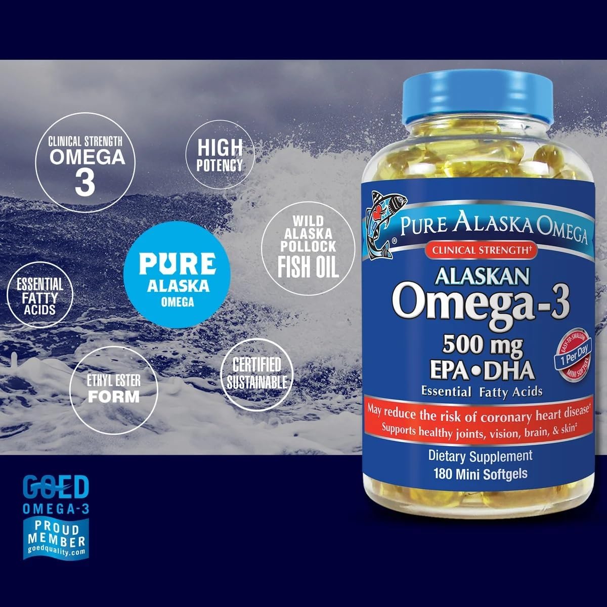 Wild Caught Alaskan Omega-3 Softgels with 500mg EPA+DHA - 180 Mini Softgels, Certified Sustainable