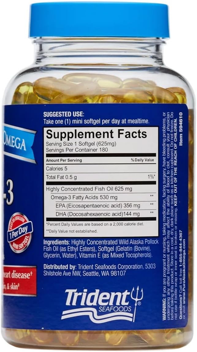 Wild Caught Alaskan Omega-3 Softgels with 500mg EPA+DHA - 180 Mini Softgels, Certified Sustainable