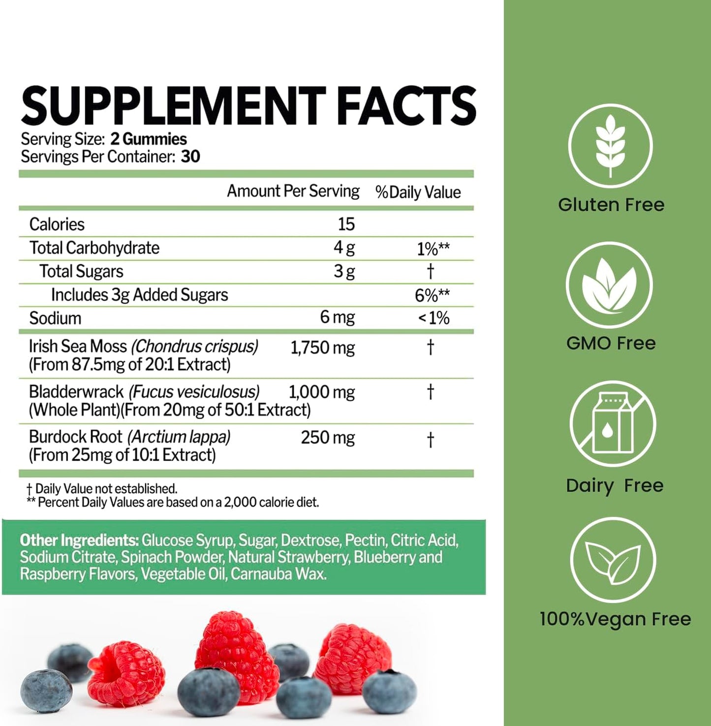 Wildcrafted Irish Sea Moss Gummies with Bladderwrack & Burdock Root - Vegan Immune & Thyroid Support - Non-GMO, Gluten-Free - 60 ct.