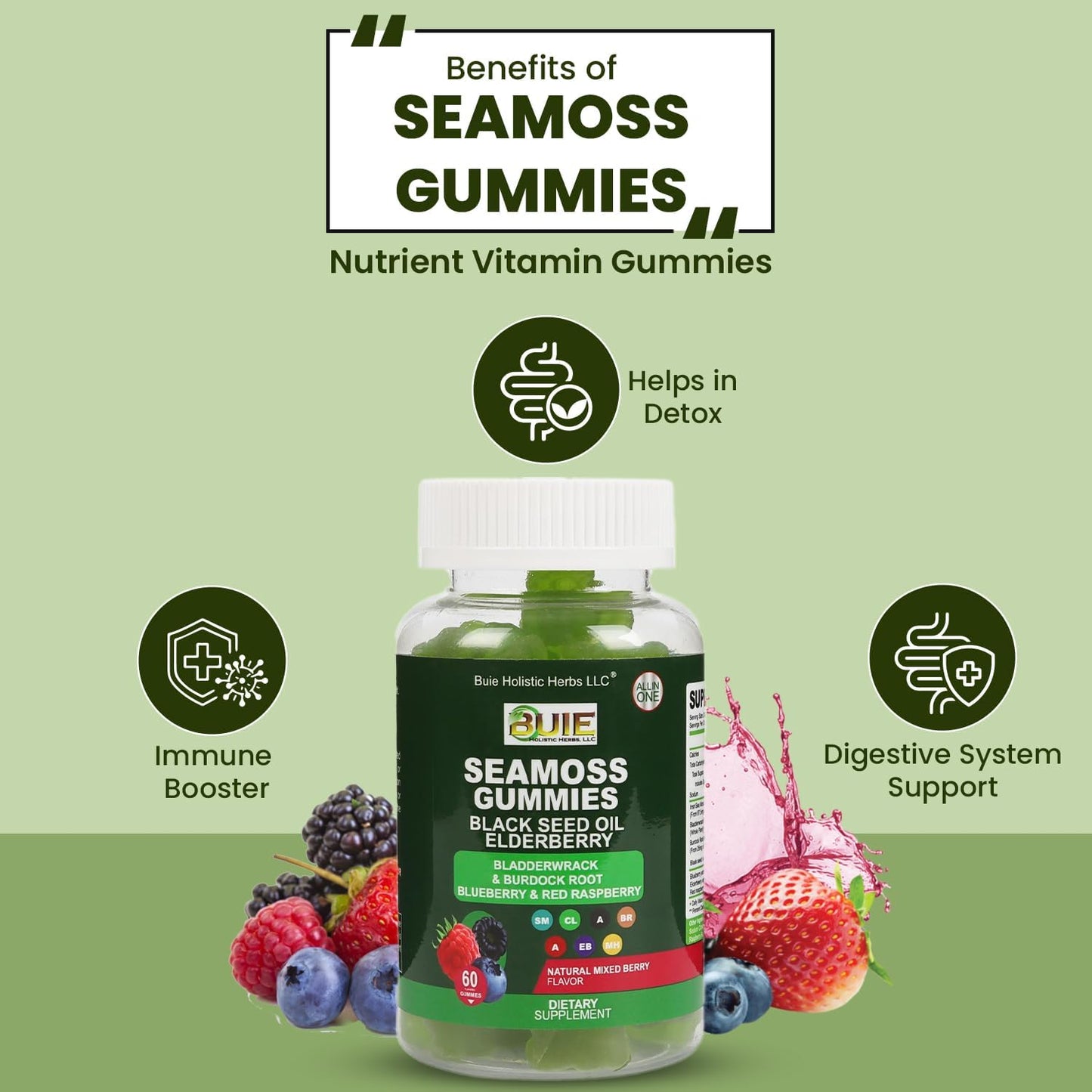Wildcrafted Irish Sea Moss Gummies with Bladderwrack & Burdock Root - Vegan Immune & Thyroid Support - Non-GMO, Gluten-Free - 60 ct.