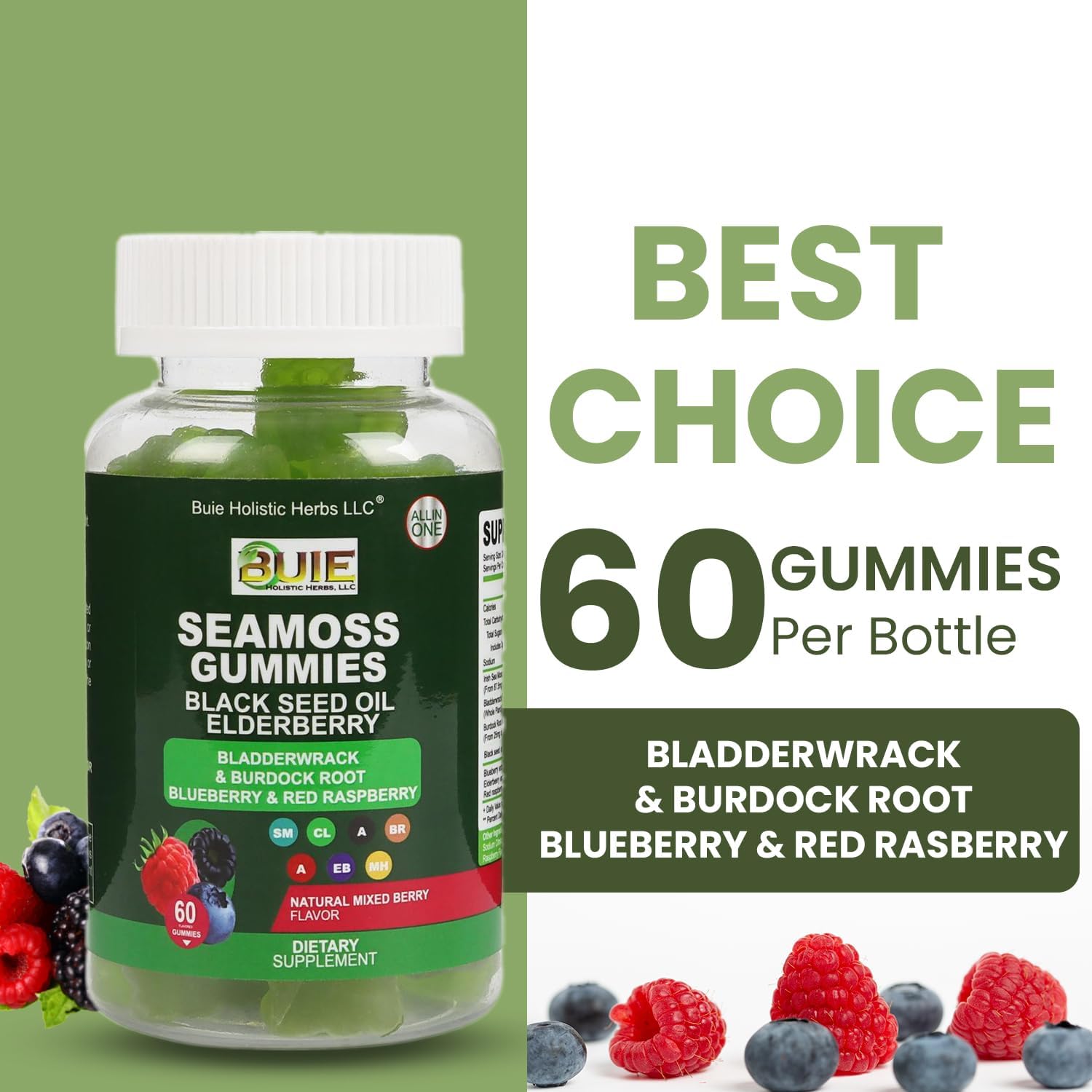 Wildcrafted Irish Sea Moss Gummies with Bladderwrack & Burdock Root - Vegan Immune & Thyroid Support - Non-GMO, Gluten-Free - 60 ct.