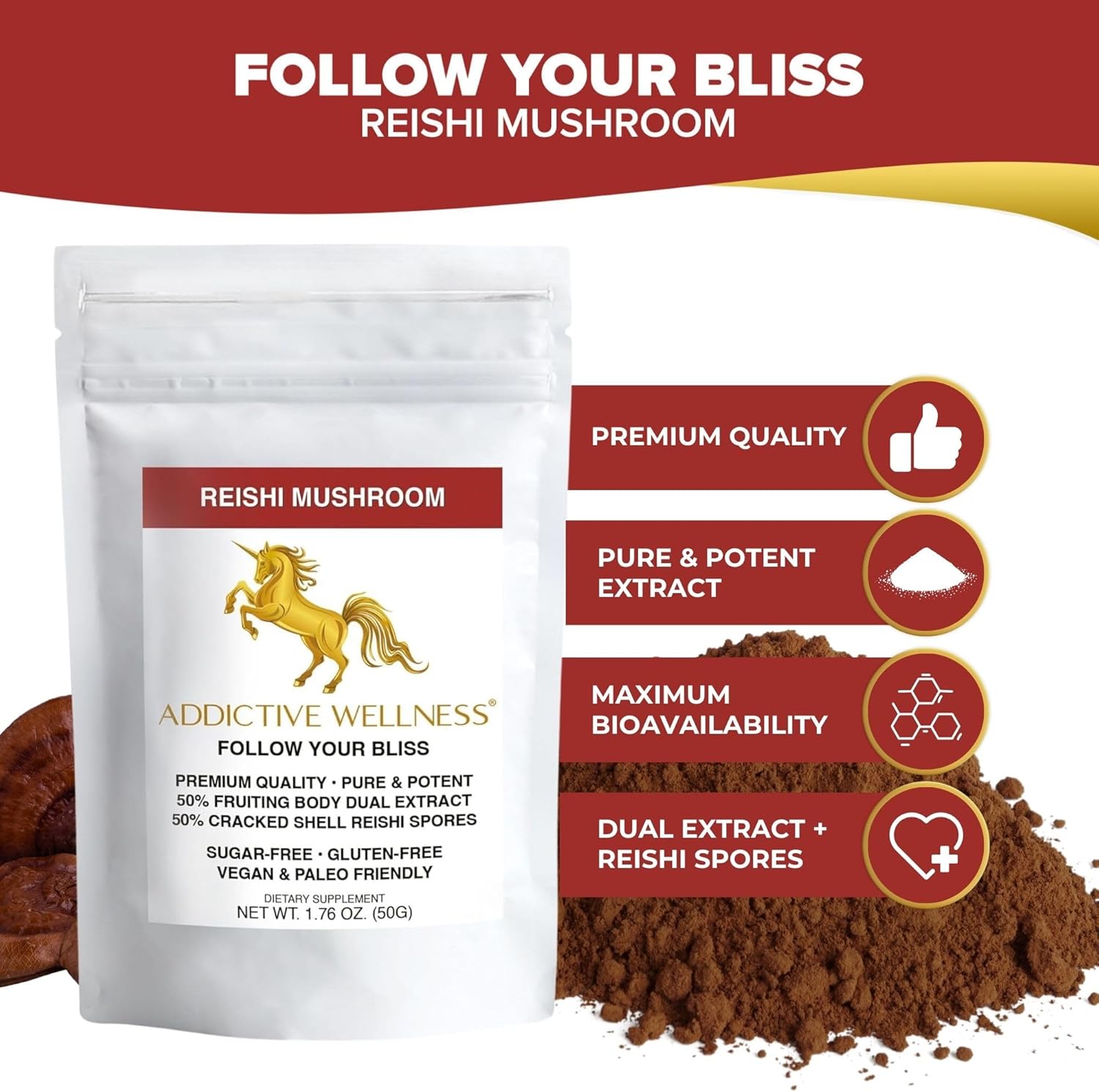 Wildcrafted Reishi Mushroom Extract Powder (50/50 Blend) with Spores - Pure & Potent Wood Grown Ganoderma - 50g (1.76 oz)