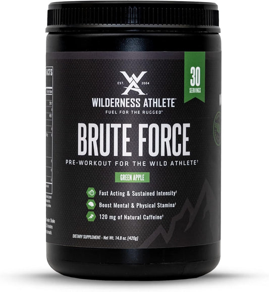 Wilderness Athlete Brute Force Pre-Workout Powder - Natural Caffeine Drink for Men & Women - Green Apple Flavor