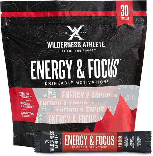 Wilderness Athlete Energy Drink Mix - Natural Caffeine Boost for Women & Men - Low-Carb, Zero Sugar Energy Powder - 30 Packets (Wild Berry)