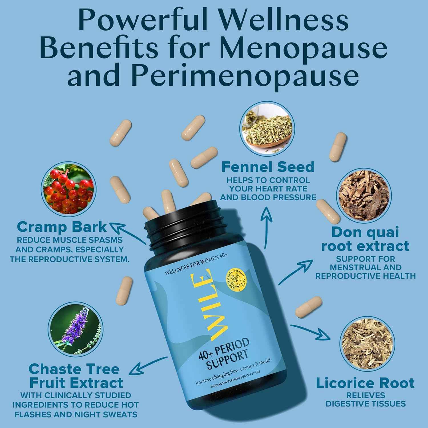 WILE Menopause and Perimenopause Supplements for Women - Menstrual Cramp, PMS and Heavy Period Relief with Dong Quai - Premenopausal Support for Hormone Balance & Improved Mood, Vegan, 30 Servings