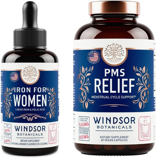 WINDSOR BOTANICALS Liquid Iron & PMS Relief Capsules Women's Combo Pack