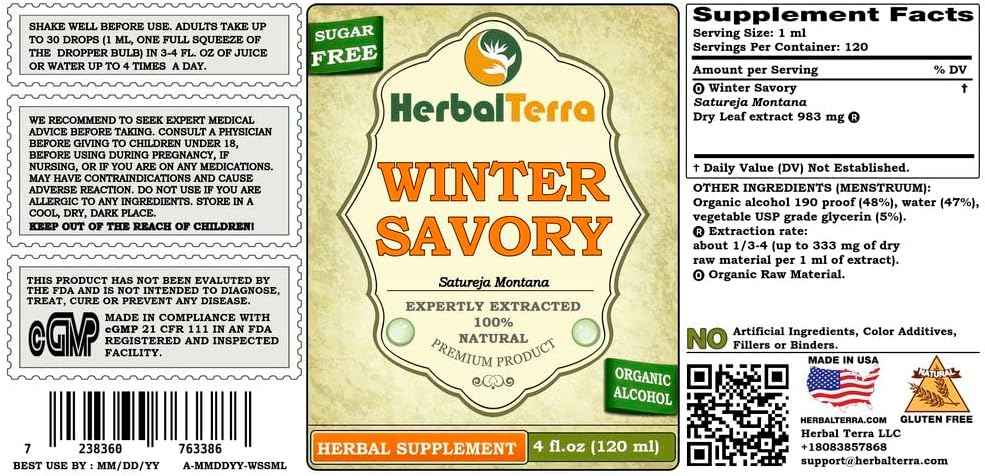 Winter Savory (Satureja Montana) Tincture, Organic Dried Leaves Liquid Extract (Brand name: HerbalTerra, Proudly made in USA) 4x4 fl.oz (4x120 ml)