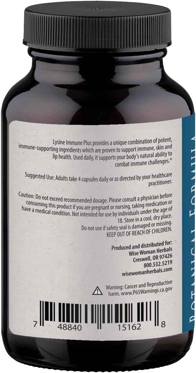 Wise Woman Herbals Lysine Immune Plus Lip, Additive-Free Non-GMO Formula, High-Potency L-Lysine & Immunity Blend, Lip & Skin Health Support, Natural Immune Defense, 120 Veg Caps