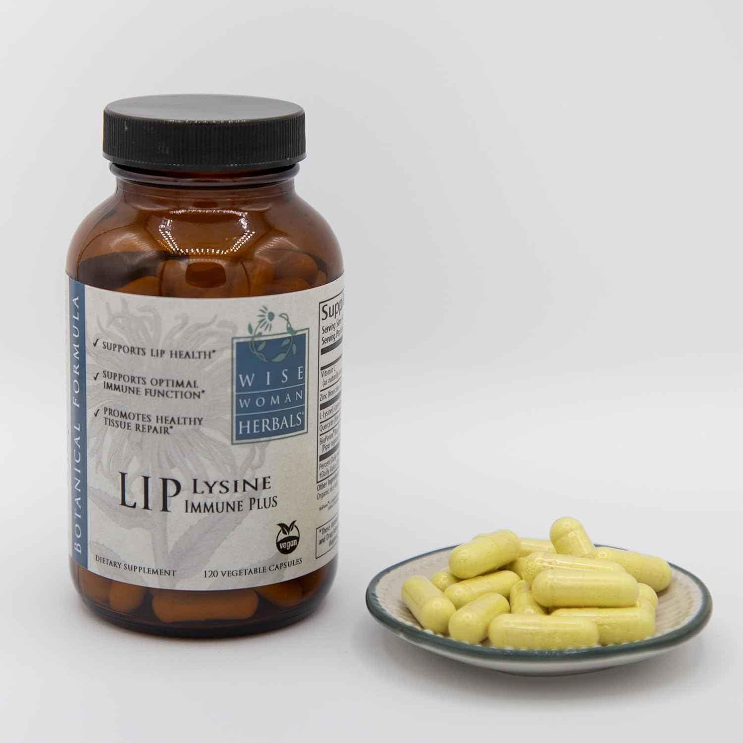 Wise Woman Herbals Lysine Immune Plus Lip, Additive-Free Non-GMO Formula, High-Potency L-Lysine & Immunity Blend, Lip & Skin Health Support, Natural Immune Defense, 120 Veg Caps