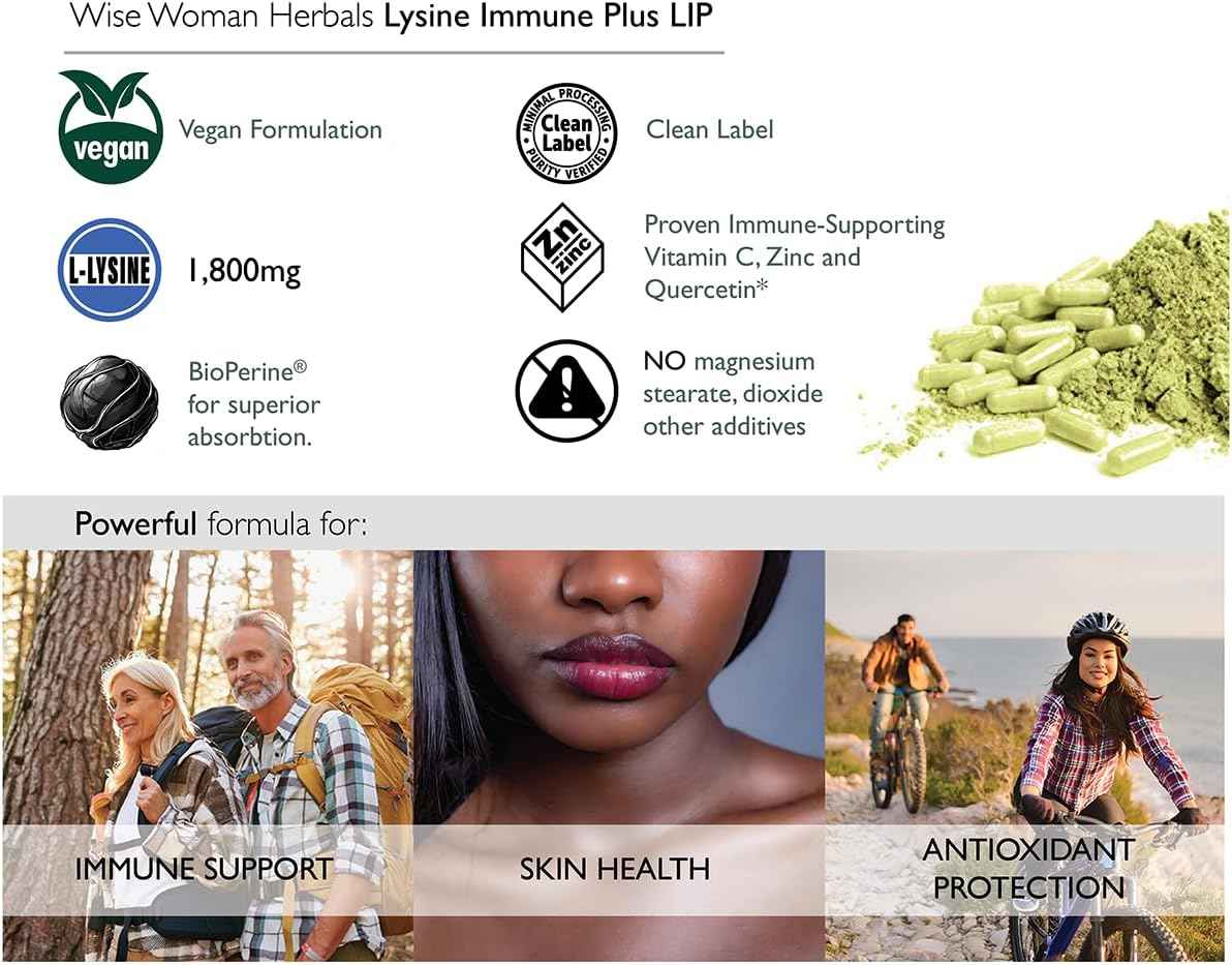 Wise Woman Herbals Lysine Immune Plus Lip, Additive-Free Non-GMO Formula, High-Potency L-Lysine & Immunity Blend, Lip & Skin Health Support, Natural Immune Defense, 120 Veg Caps