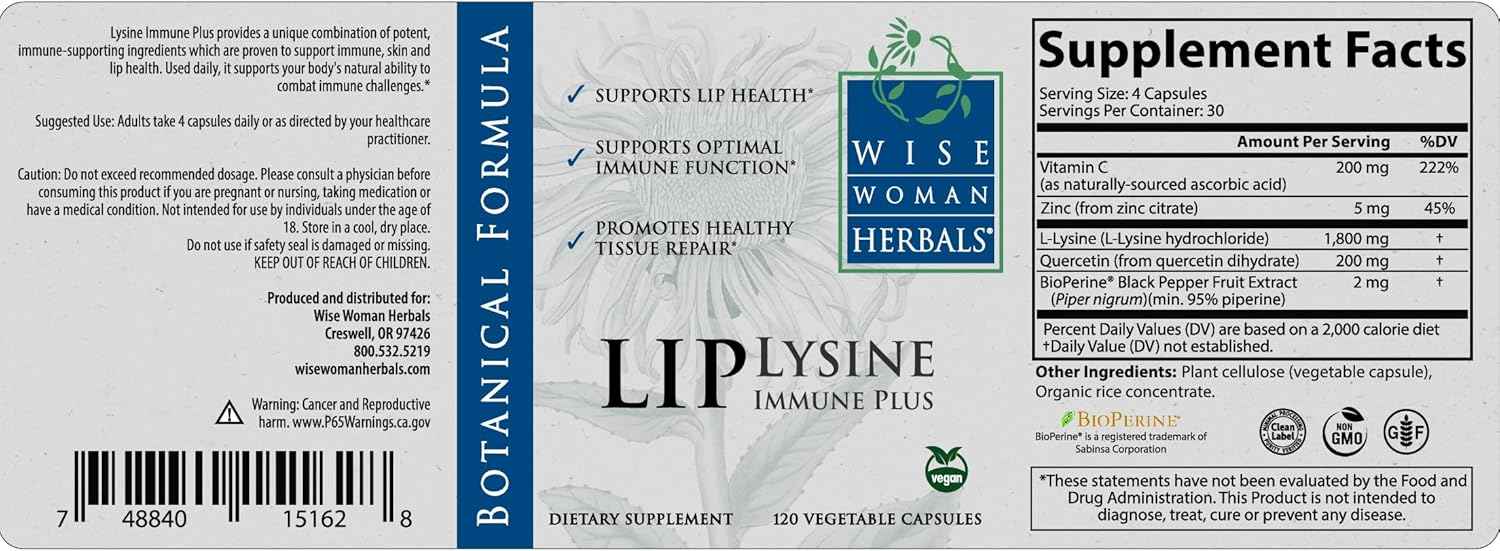 Wise Woman Herbals Lysine Immune Plus Lip, Additive-Free Non-GMO Formula, High-Potency L-Lysine & Immunity Blend, Lip & Skin Health Support, Natural Immune Defense, 120 Veg Caps