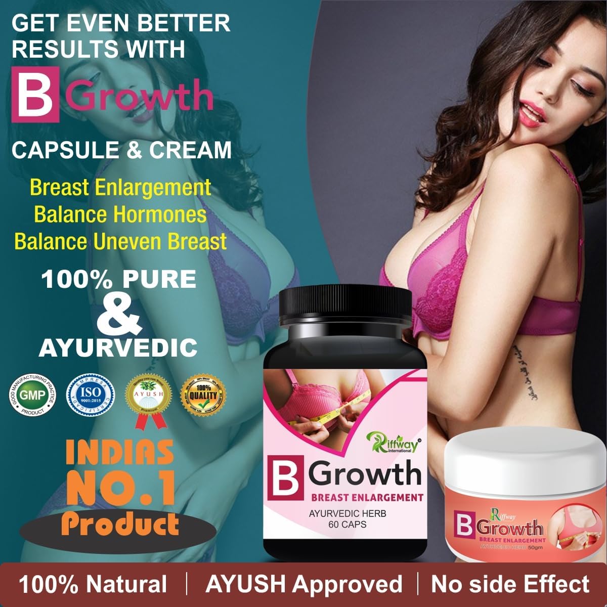 Women's Breast Enhancement Cream & Tablet Combo Set for Uneven Body Toning - Riffway B Growth Formula