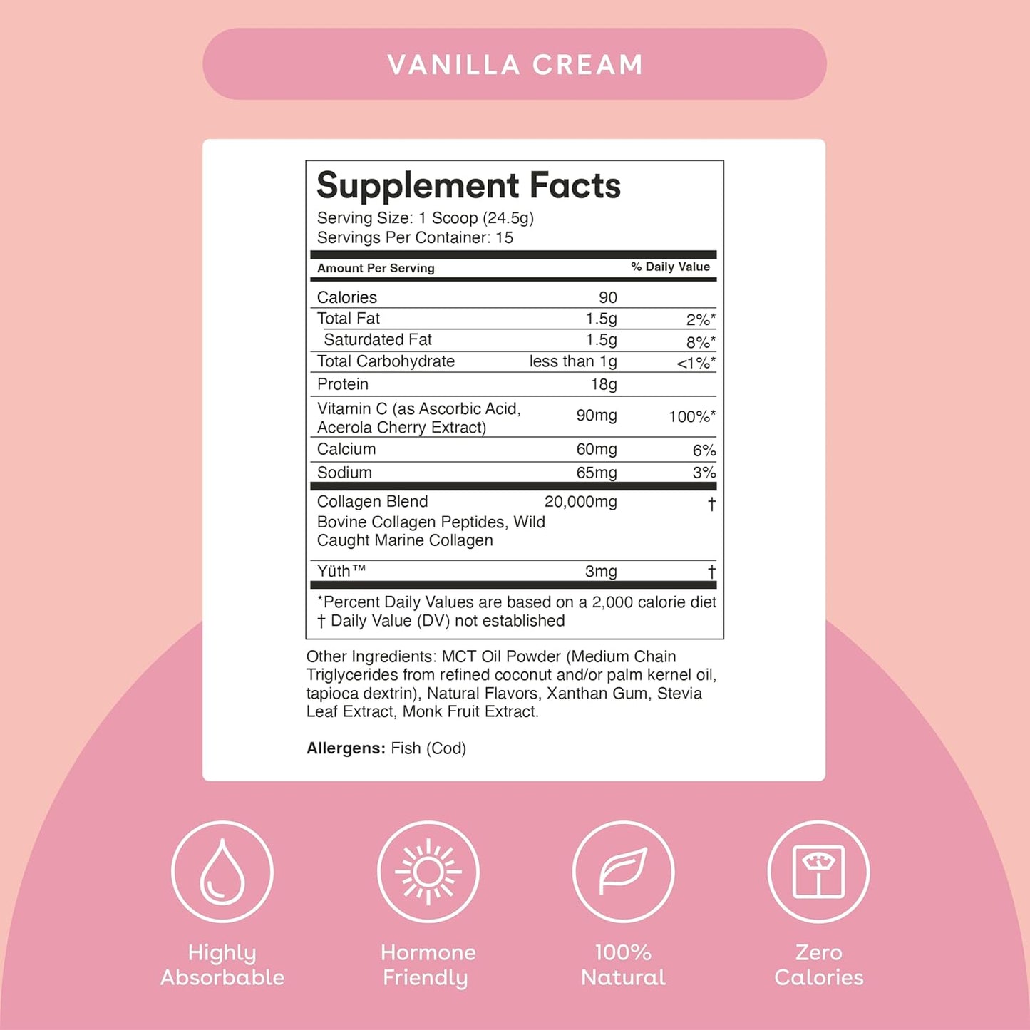 Women's Collagen & Protein Powder with Vanilla Cream Flavor - 30 Days Supply - Supports Hair, Skin, Bone & Joint Health - 18g Protein/Serving - 24.5oz