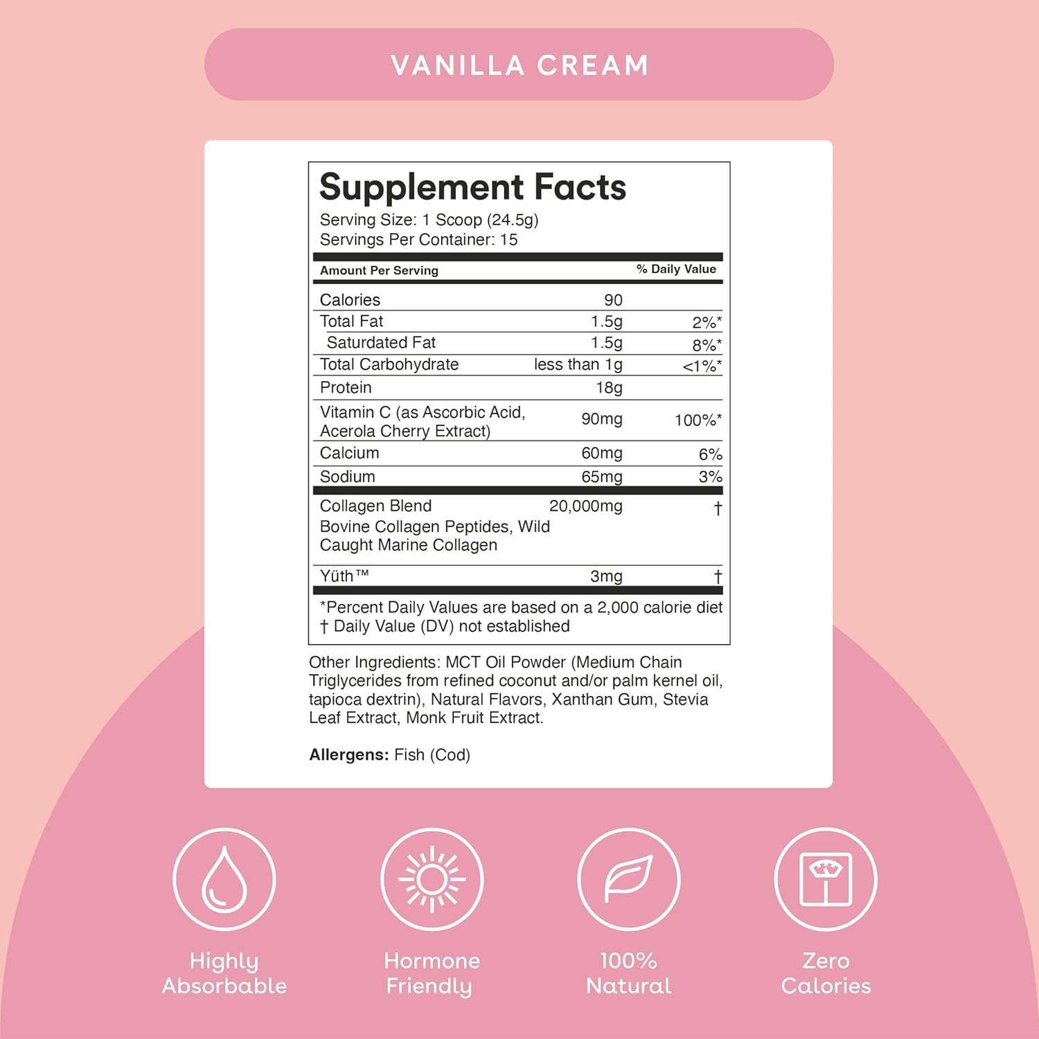 Women's Collagen & Protein Powder with Vanilla Cream Flavor - 30 Days Supply - Supports Hair, Skin, Bone & Joint Health - 18g Protein/Serving - 24.5oz