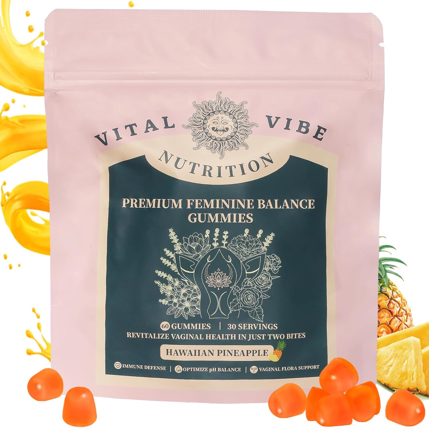 Women's Health & Wellness Gummies - Vegan Feminine Balance Support with Hawaiian Pineapple Flavor - 60 Gummies