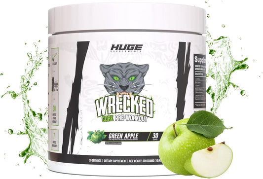 Wrecked Core All-in-One Pre-Workout Supplement - Boost Energy, Focus, and Pumps with L-Citrulline, Beta-Alanine, and More - Green Apple (30 Servings)