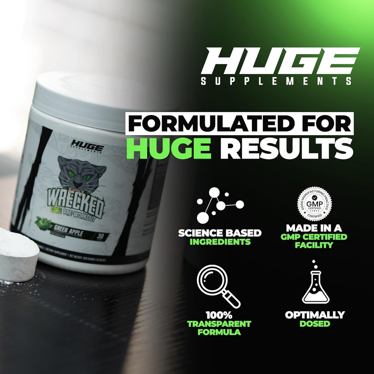 Wrecked Core All-in-One Pre-Workout Supplement - Boost Energy, Focus, and Pumps with L-Citrulline, Beta-Alanine, and More - Green Apple (30 Servings)