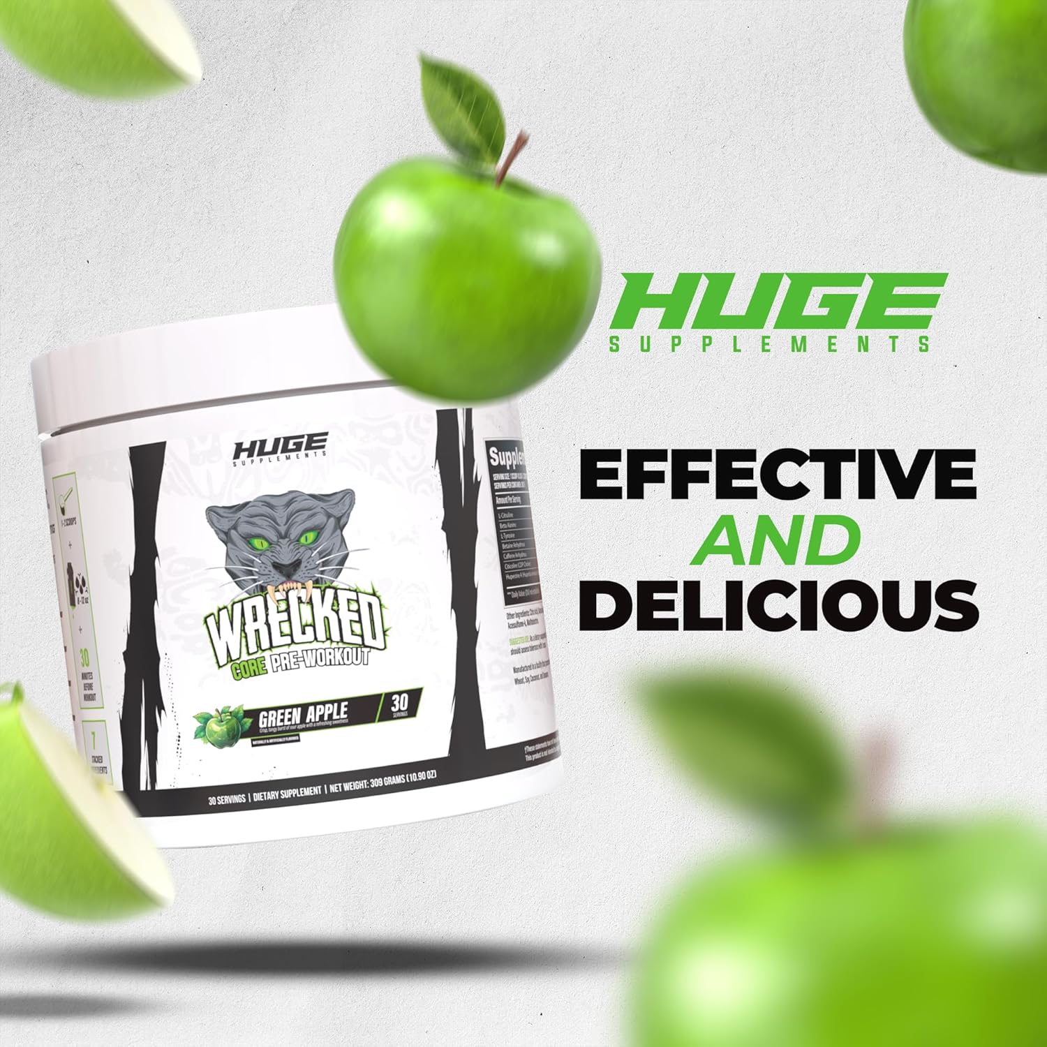 Wrecked Core All-in-One Pre-Workout Supplement - Boost Energy, Focus, and Pumps with L-Citrulline, Beta-Alanine, and More - Green Apple (30 Servings)