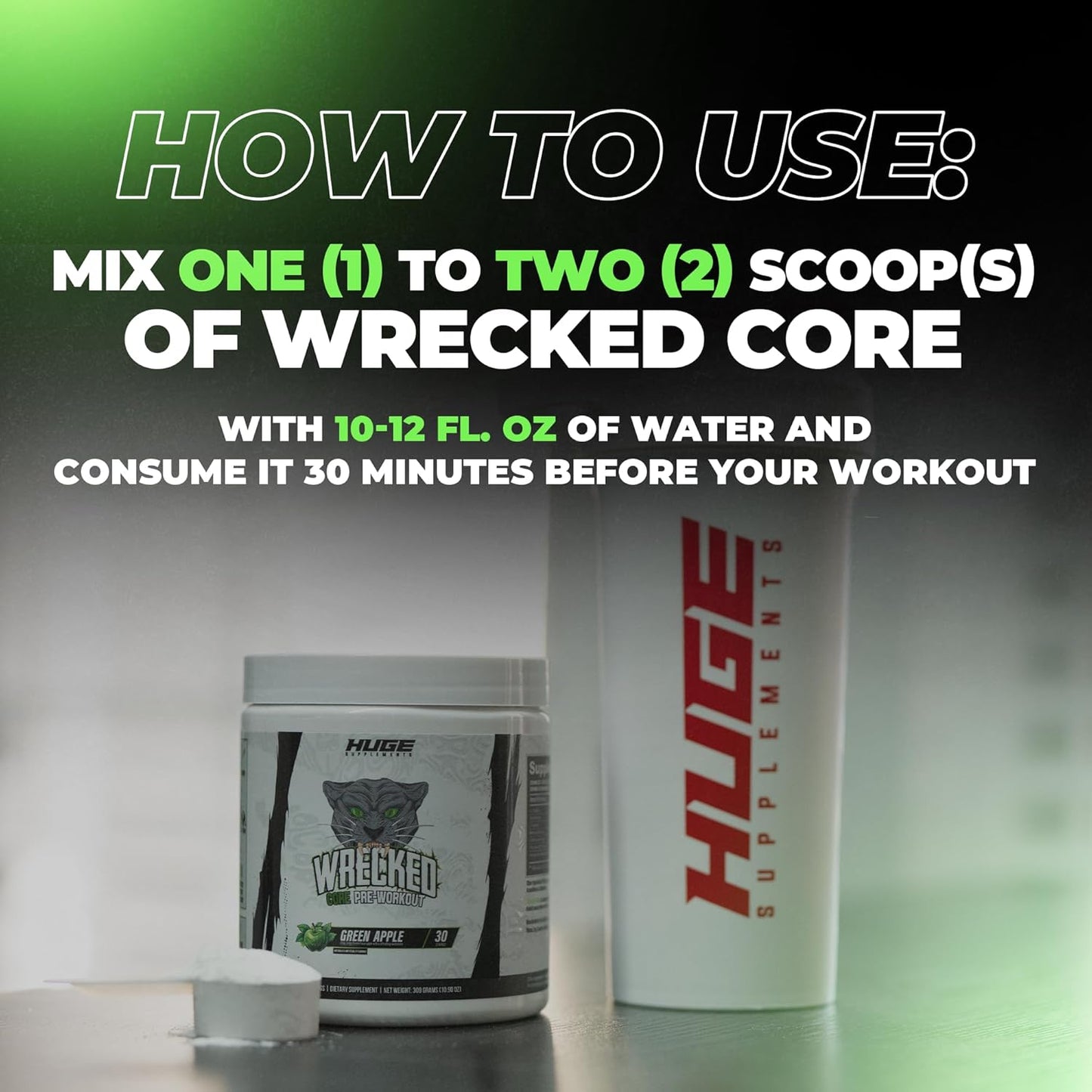 Wrecked Core All-in-One Pre-Workout Supplement - Boost Energy, Focus, and Pumps with L-Citrulline, Beta-Alanine, and More - Green Apple (30 Servings)