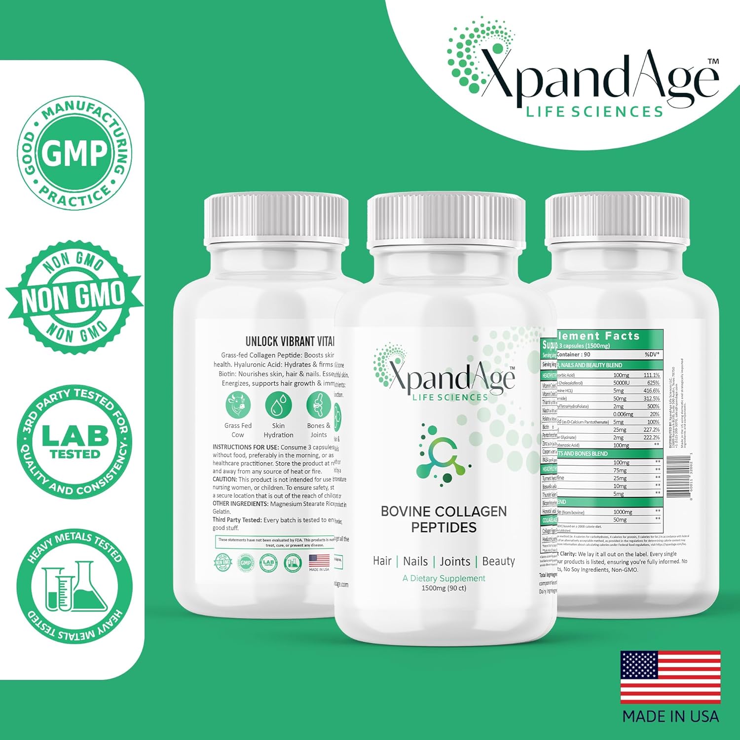 XpandAge Bovine Collagen Peptides with Biotin, Niacin, Vitamin C & D, Hyaluronic Acid, Turmeric - Hair, Nails, Joints, Bones - Life Sciences
