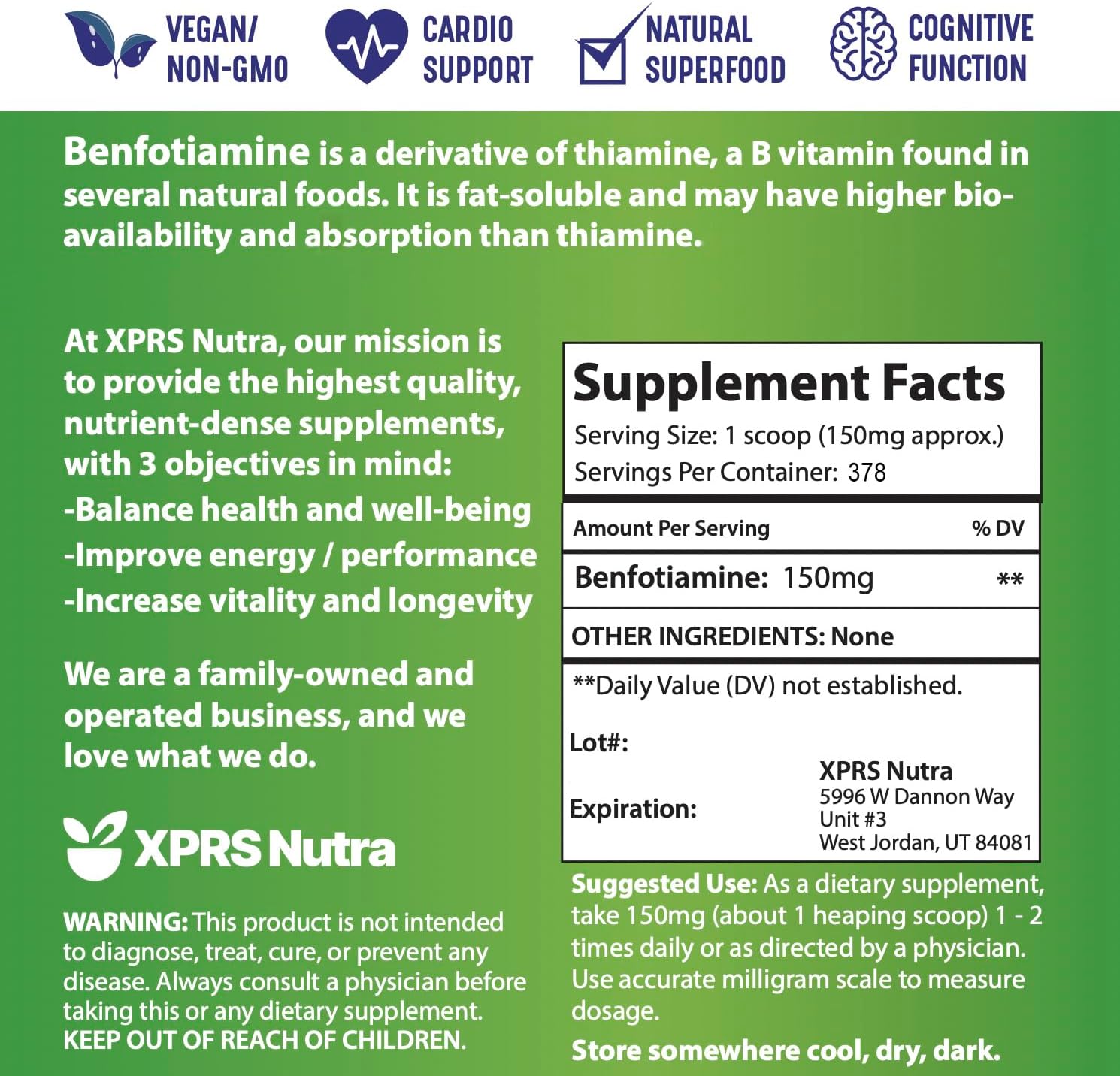 XPRS Nutra Benfotiamine (Thiamine) - Enhanced Fat-Soluble Vitamin B1 for Cognitive and Heart Health - Vegan-Friendly Liquid Supplement (2 oz)