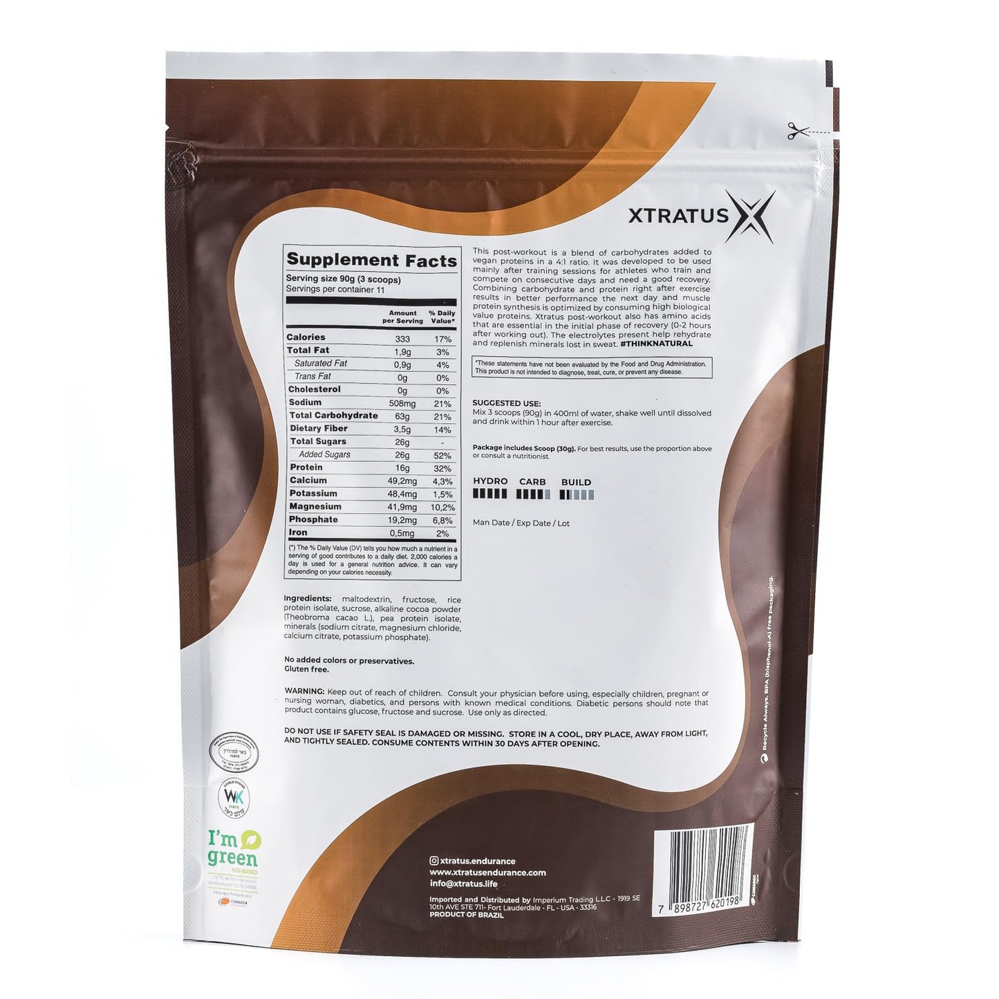 Xtratus Endurance Fluids R4 Cocoa - Vegan Sports Recovery Drink Mix with Carbohydrates and Electrolytes, 4:1 Ratio, 35.27oz