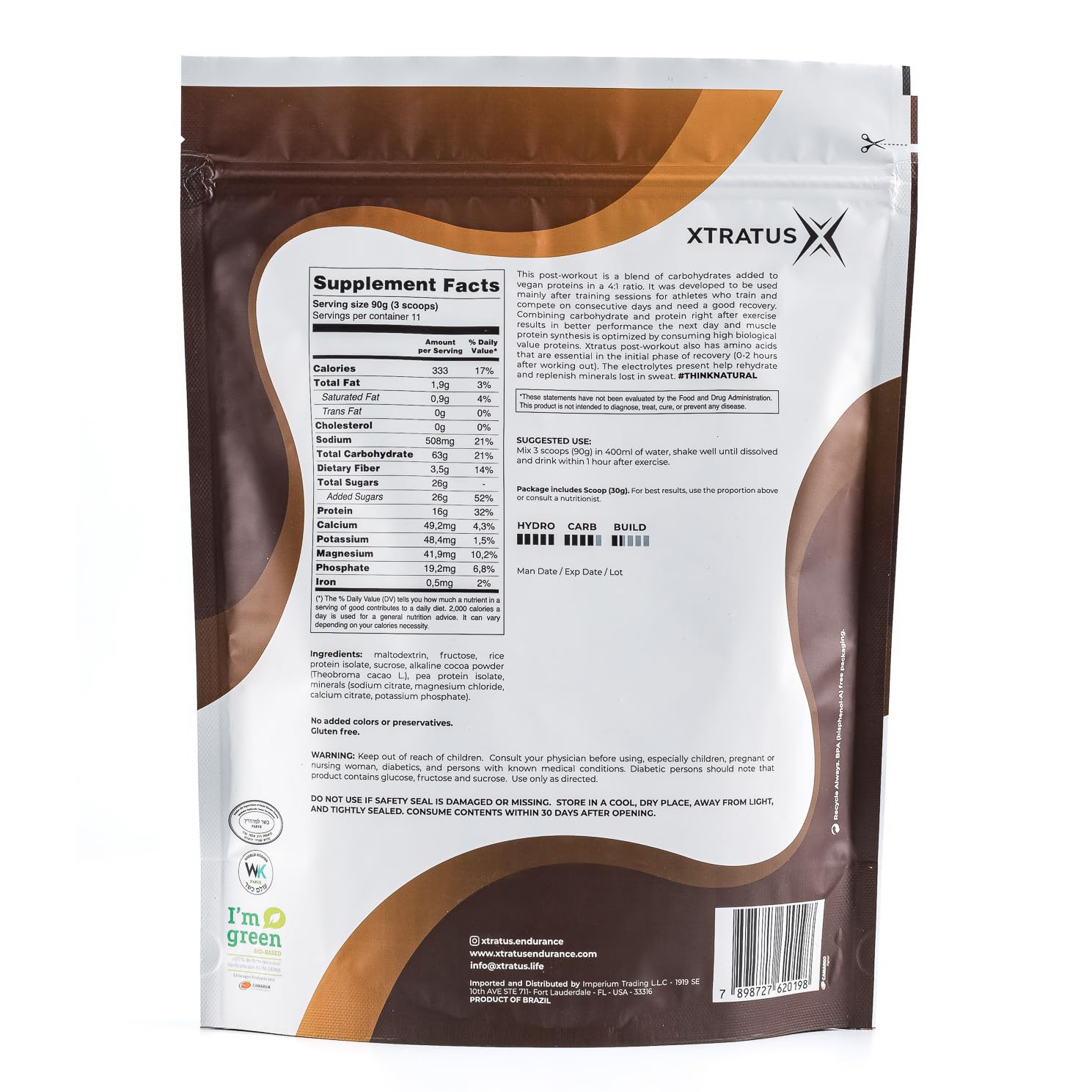 Xtratus Endurance Fluids R4 Cocoa - Vegan Sports Recovery Drink Mix with Carbohydrates and Electrolytes, 4:1 Ratio, 35.27oz