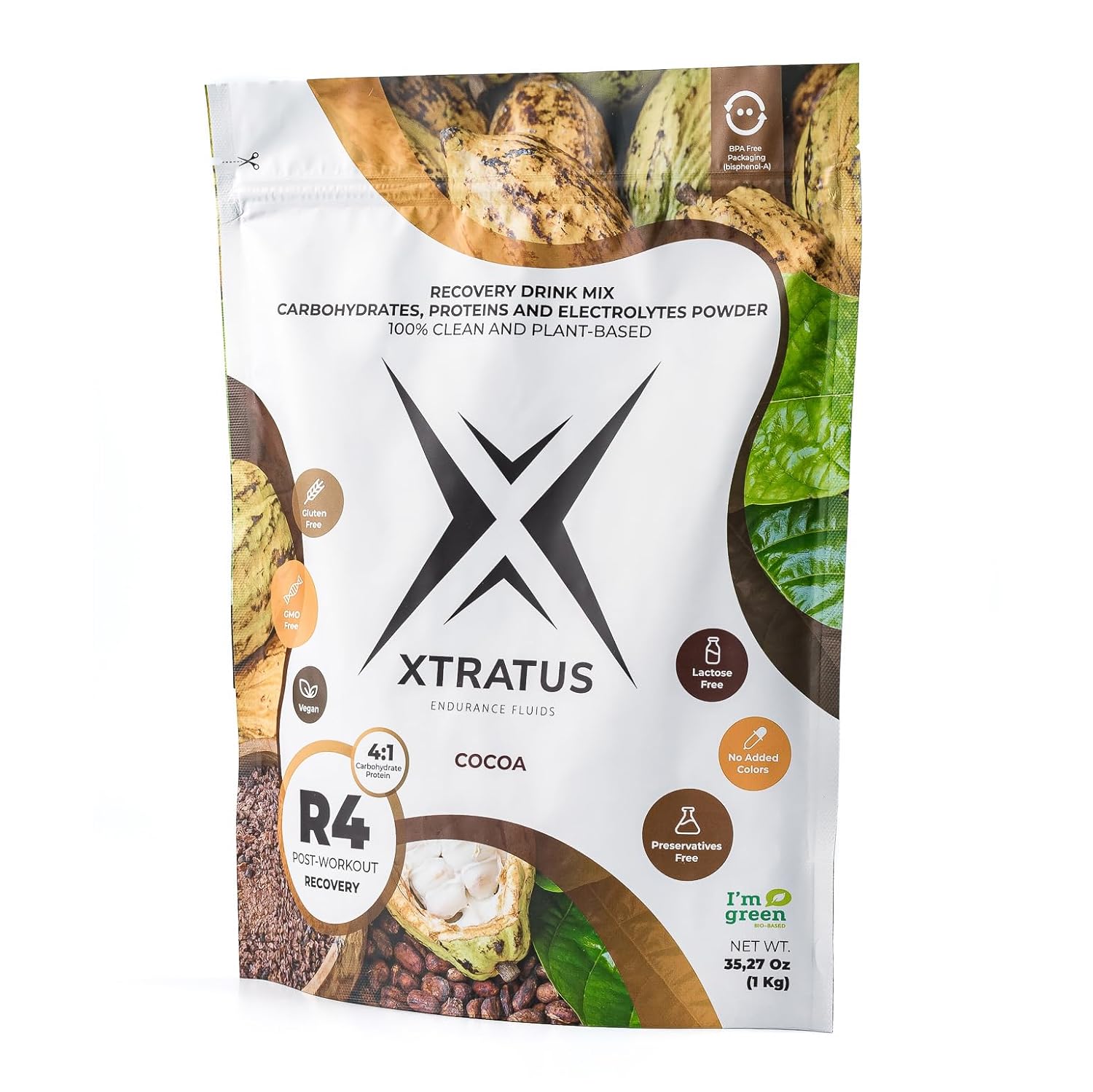 Xtratus Endurance Fluids R4 Cocoa - Vegan Sports Recovery Drink Mix with Carbohydrates and Electrolytes, 4:1 Ratio, 35.27oz