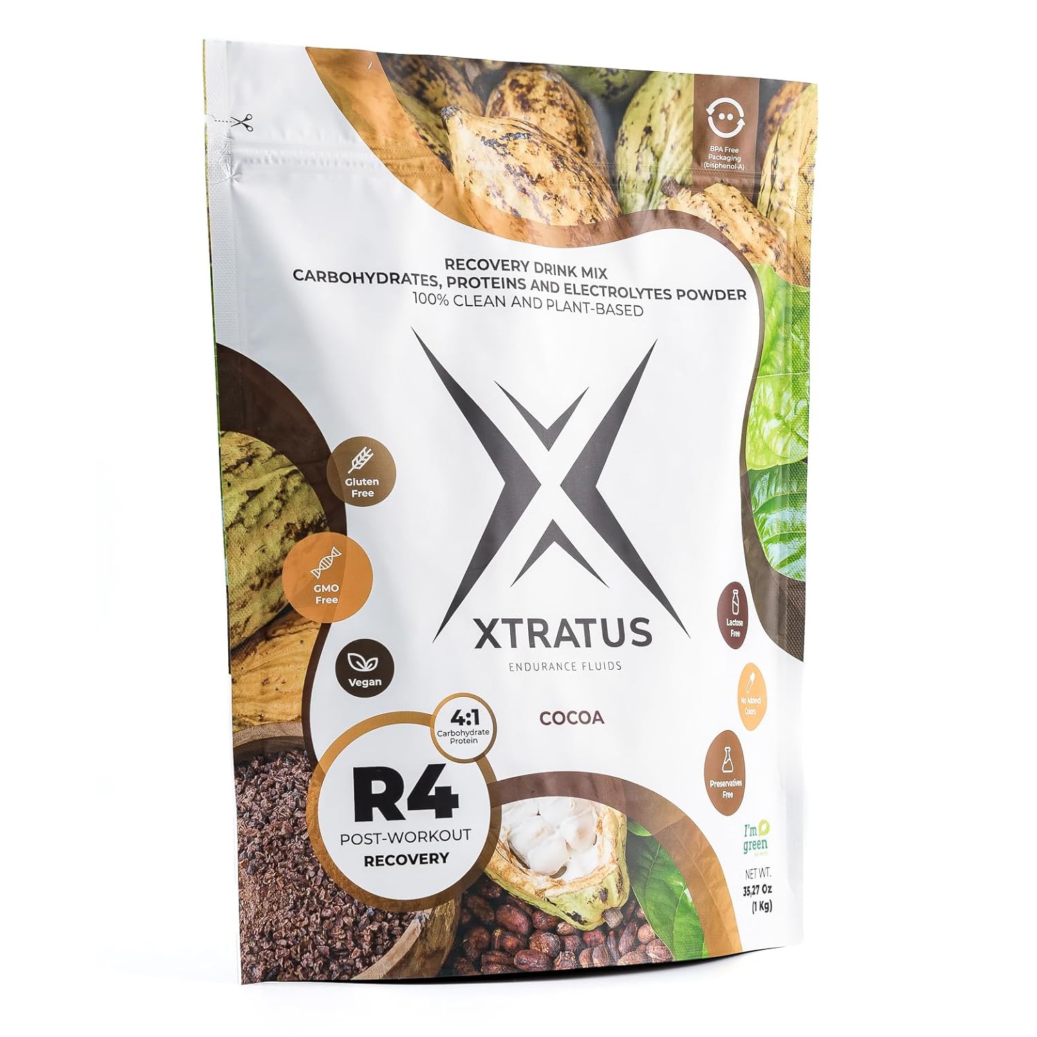 Xtratus Endurance Fluids R4 Cocoa - Vegan Sports Recovery Drink Mix with Carbohydrates and Electrolytes, 4:1 Ratio, 35.27oz