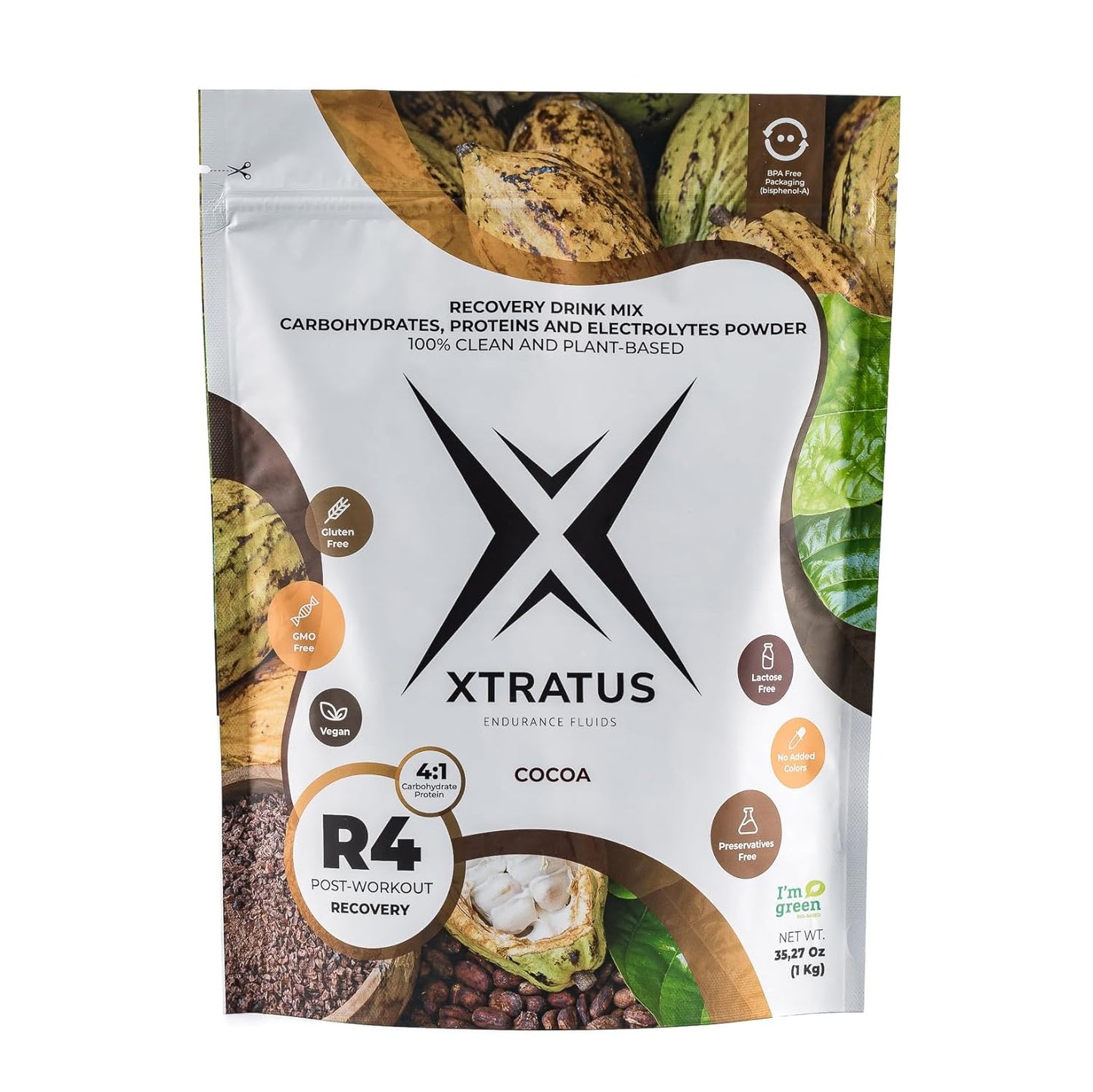 Xtratus Endurance Fluids R4 Cocoa - Vegan Sports Recovery Drink Mix with Carbohydrates and Electrolytes, 4:1 Ratio, 35.27oz