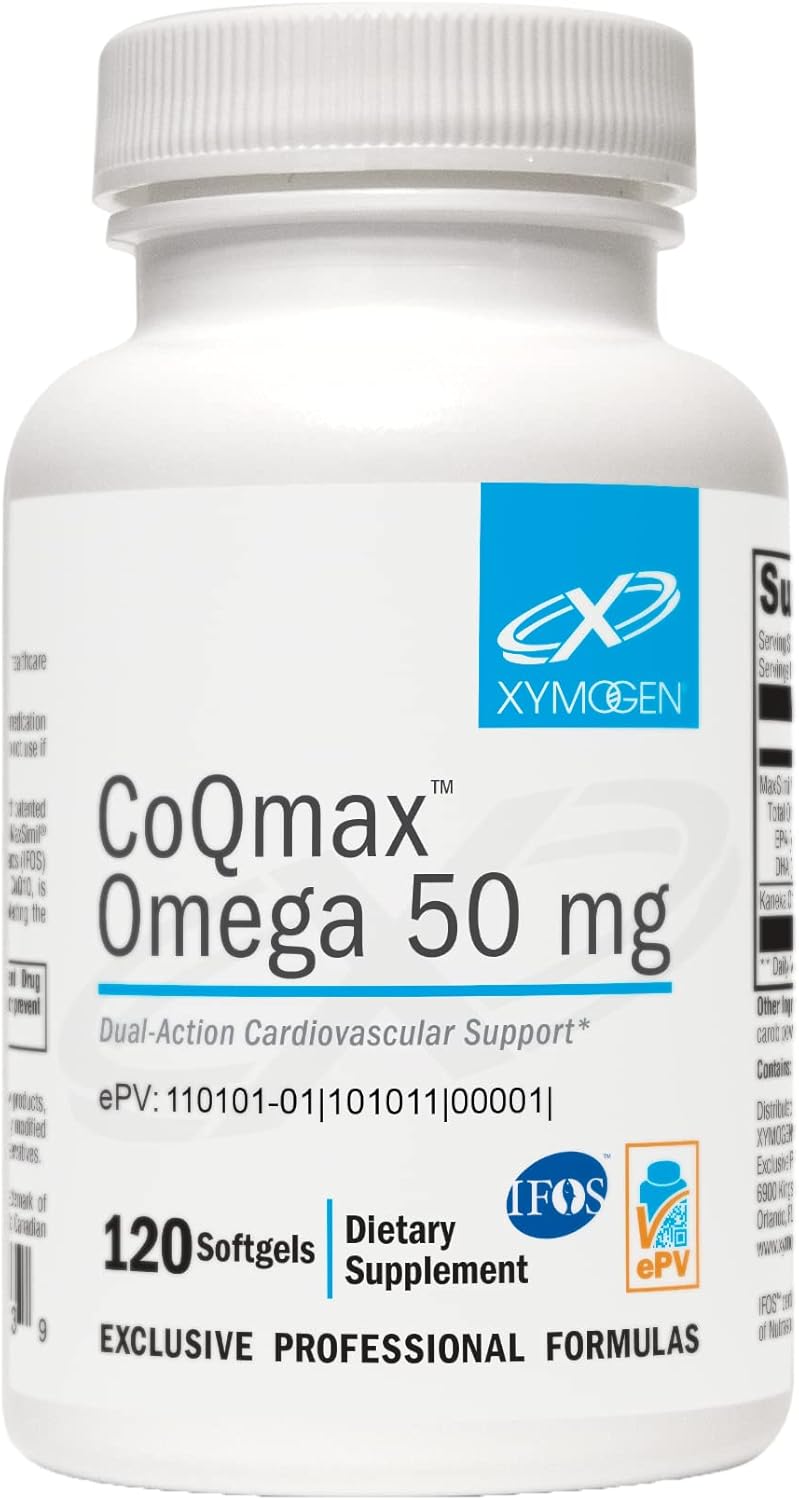 XYMOGEN CoQmax Omega 50 mg Softgels - CoQ10 and Fish Oil Omega 3 Supplement for Heart Health - Enhanced Absorption Formula (120 Count)