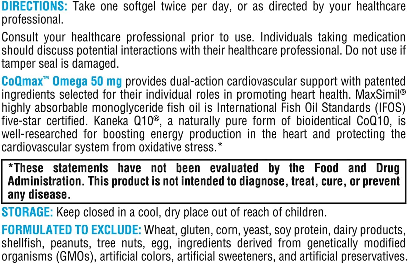 XYMOGEN CoQmax Omega 50 mg Softgels - CoQ10 and Fish Oil Omega 3 Supplement for Heart Health - Enhanced Absorption Formula (120 Count)