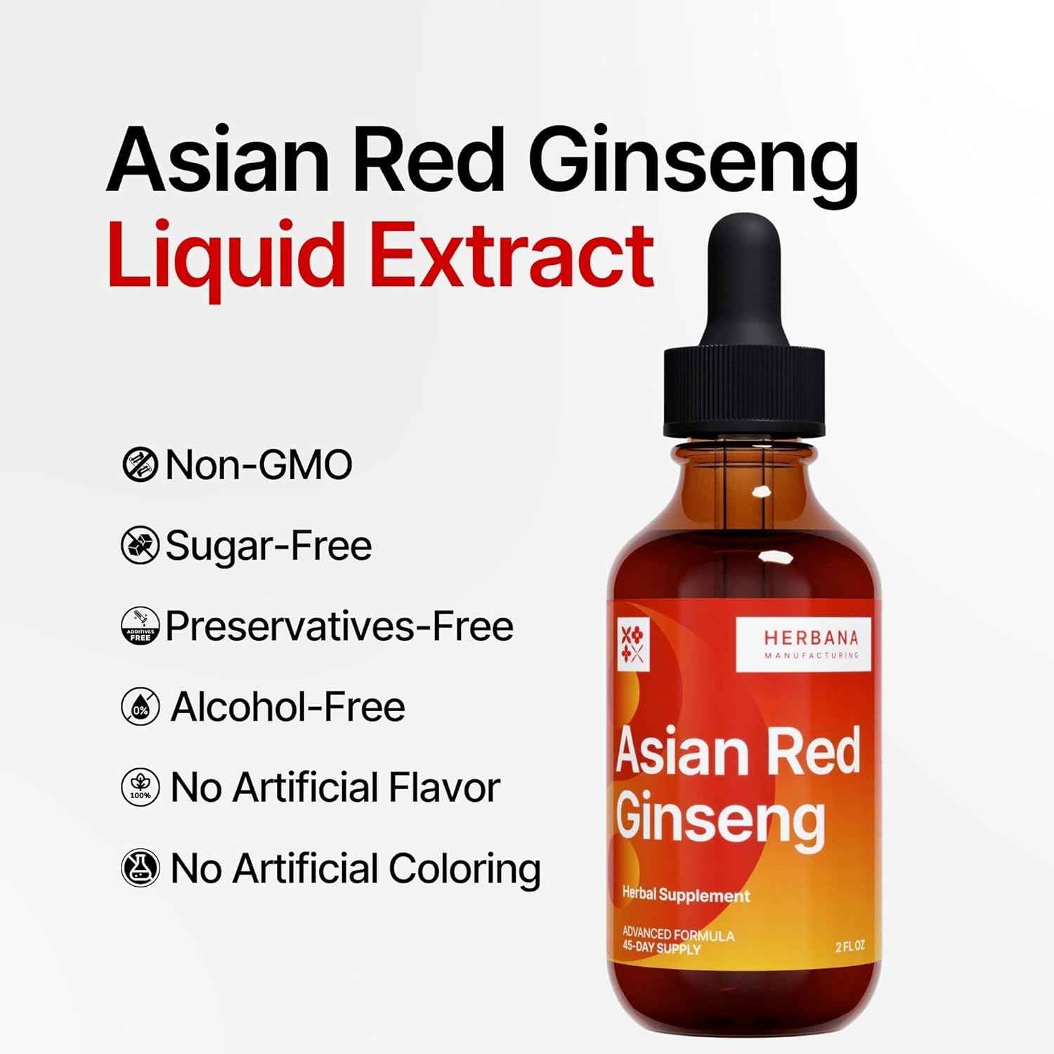 Yang Asian Red Ginseng 2 oz Liquid Extract - Natural Panax Ginseng for Energy, Cognitive Performance & Focus - Immune System and Vitality Support Liquid Tincture - High Potency - 45-Day Supply