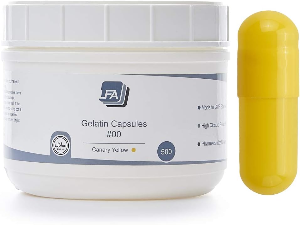 Yellow Gelatin Empty Capsules Size 00 - 500 Count - Beef Gel Caps for DIY Pills - Halal Certified
