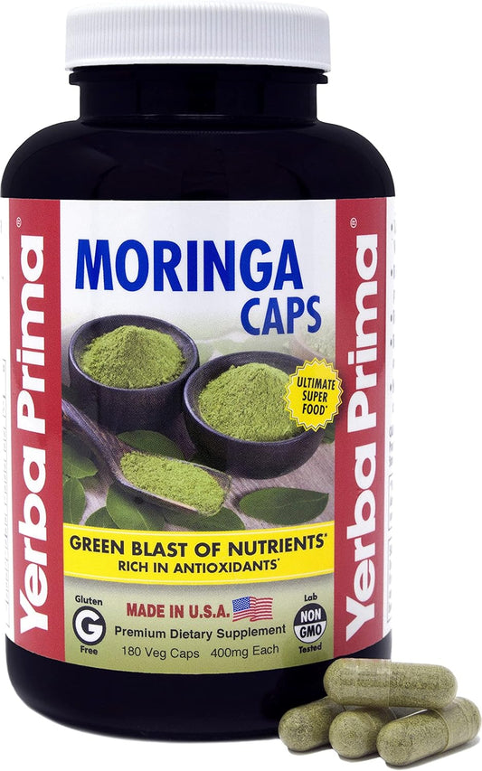 Yerba Prima Moringa Capsules - 180 Count, 400mg Pure Leaf Powder, Antioxidant Rich Superfood, Non-GMO, Vegan, Gluten-Free USA Made