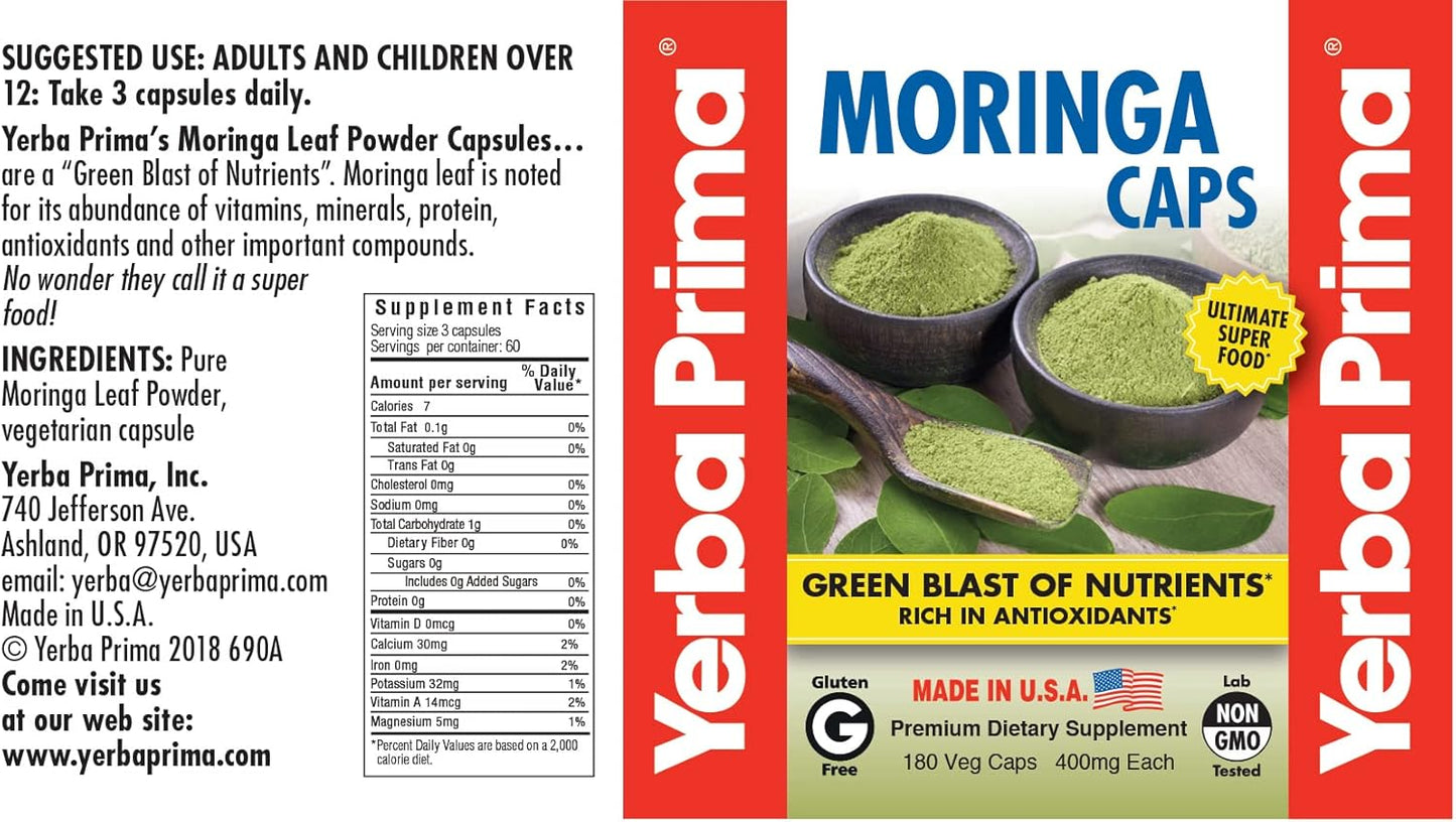 Yerba Prima Moringa Capsules - 180 Count, 400mg Pure Leaf Powder, Antioxidant Rich Superfood, Non-GMO, Vegan, Gluten-Free USA Made