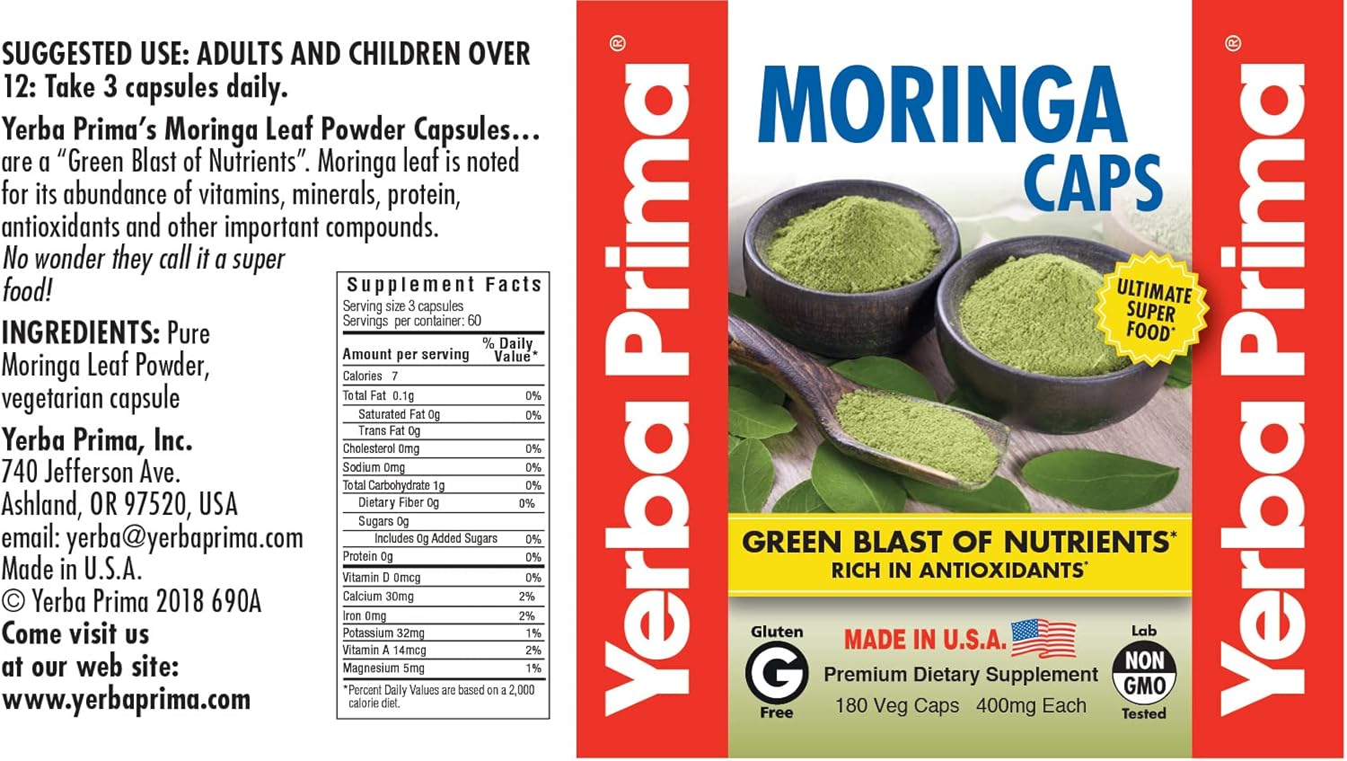 Yerba Prima Moringa Capsules - 180 Count, 400mg Pure Leaf Powder, Antioxidant Rich Superfood, Non-GMO, Vegan, Gluten-Free USA Made
