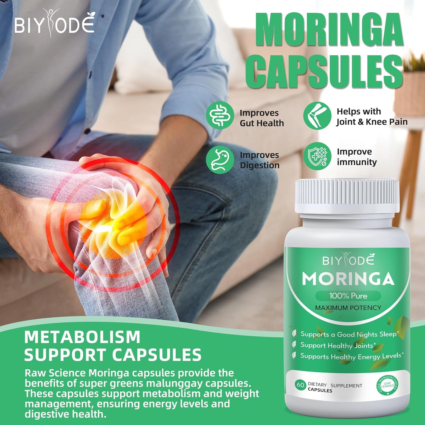 YIQIAOHUI Pure Moringa Powder Capsules - 800mg with Essential Vitamins & Amino Acids for Immune Support, Nutritional Supplement (2 Pack)
