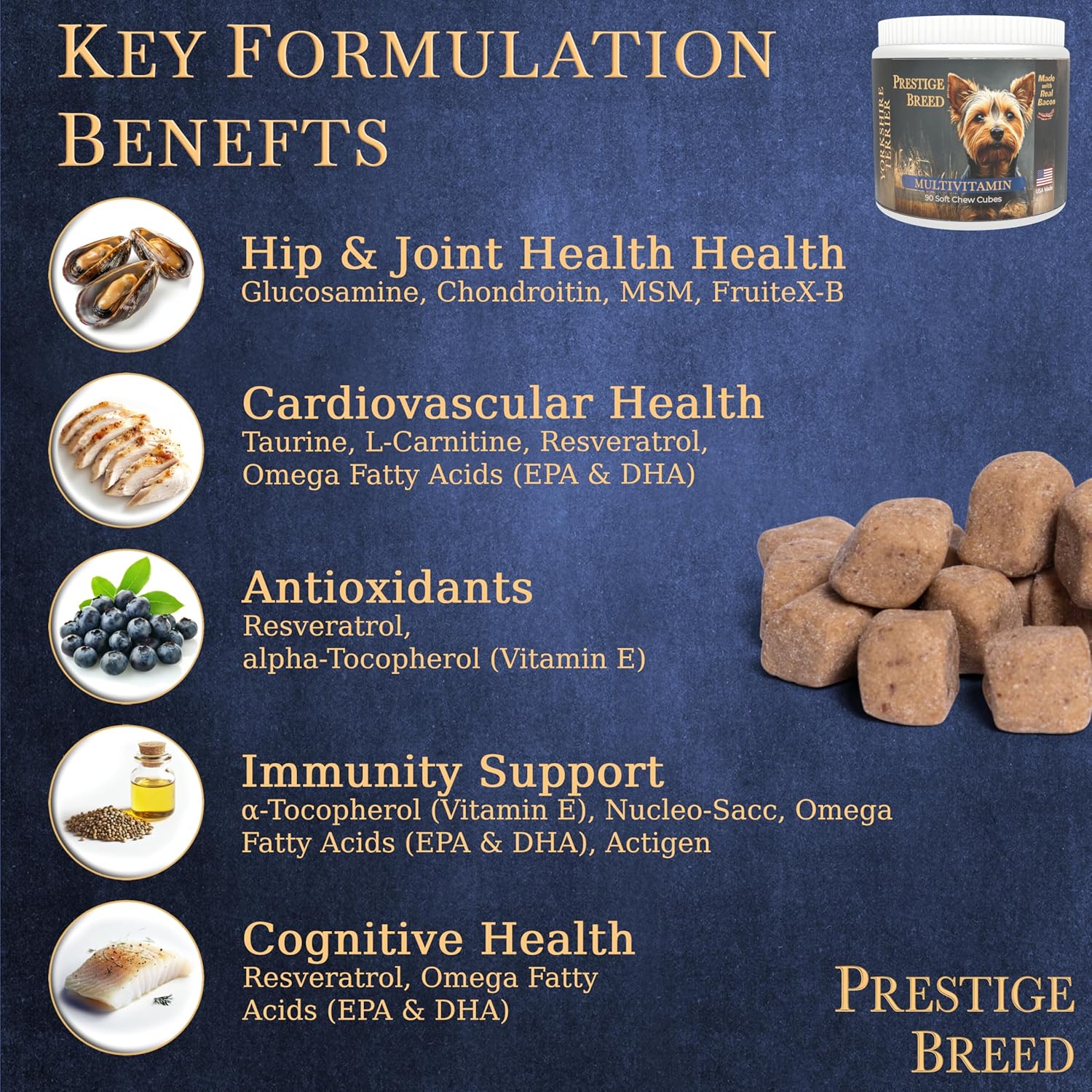 Yorkie Multivitamin Supplement, 90 Count, Made in USA with Real Bacon - Balanced Nutrition for Prestige Breeds
