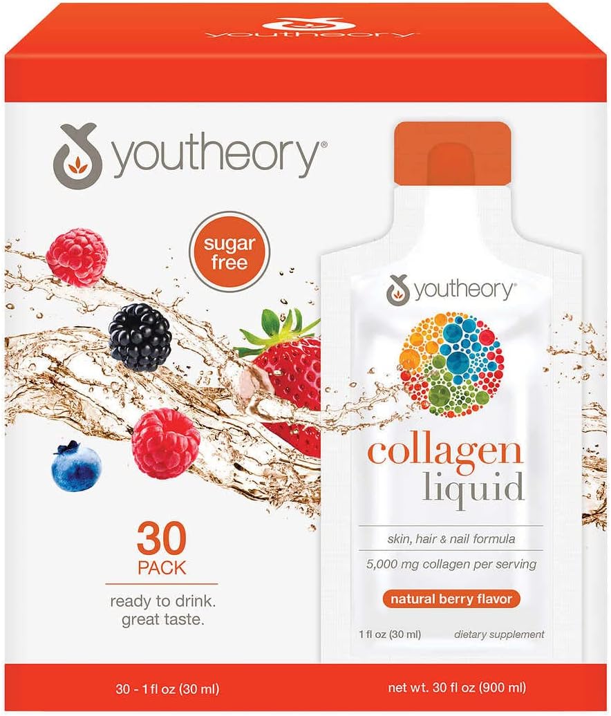 Youtheory Collagen Liquid Supplement for Skin, Hair, and Nails - Berry Flavor - 30 Packets