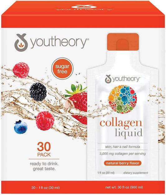 Youtheory Collagen Liquid Supplement for Skin, Hair, and Nails - Berry Flavor - 30 Packets